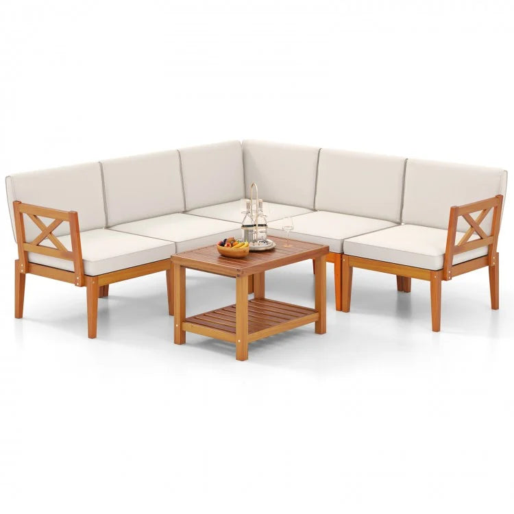 L-shaped acacia wood patio sofa set with off-white cushions