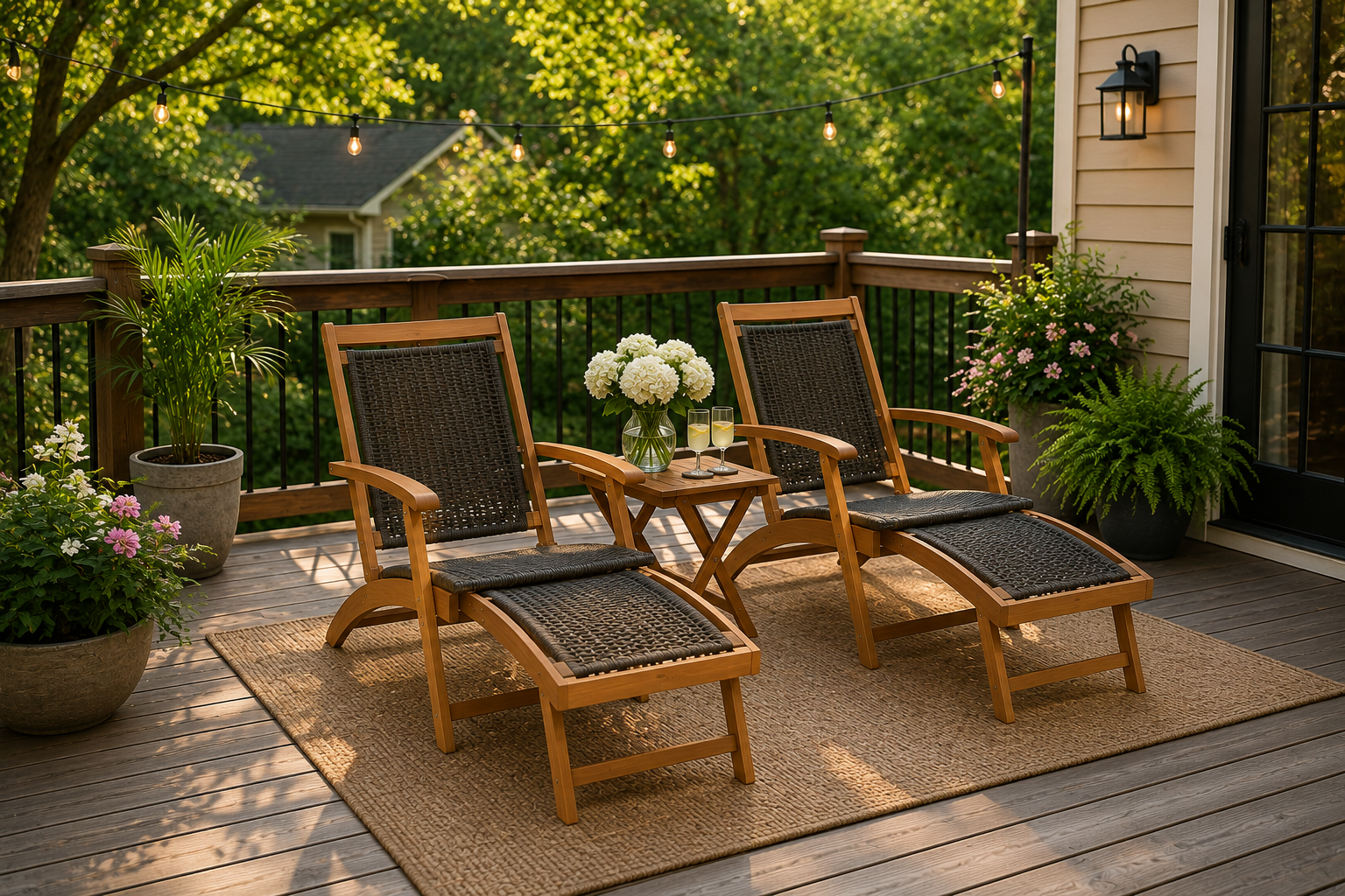 3-piece rattan folding lounge chair set with acacia wood side table on patio