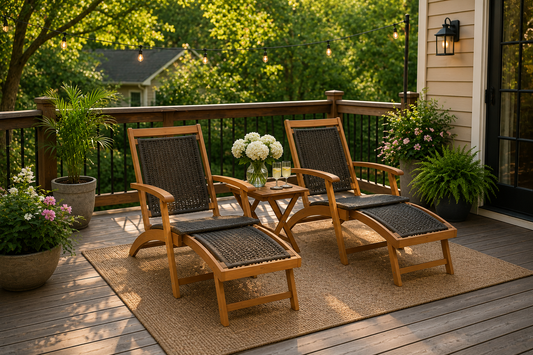 3-piece rattan folding lounge chair set with acacia wood side table on patio