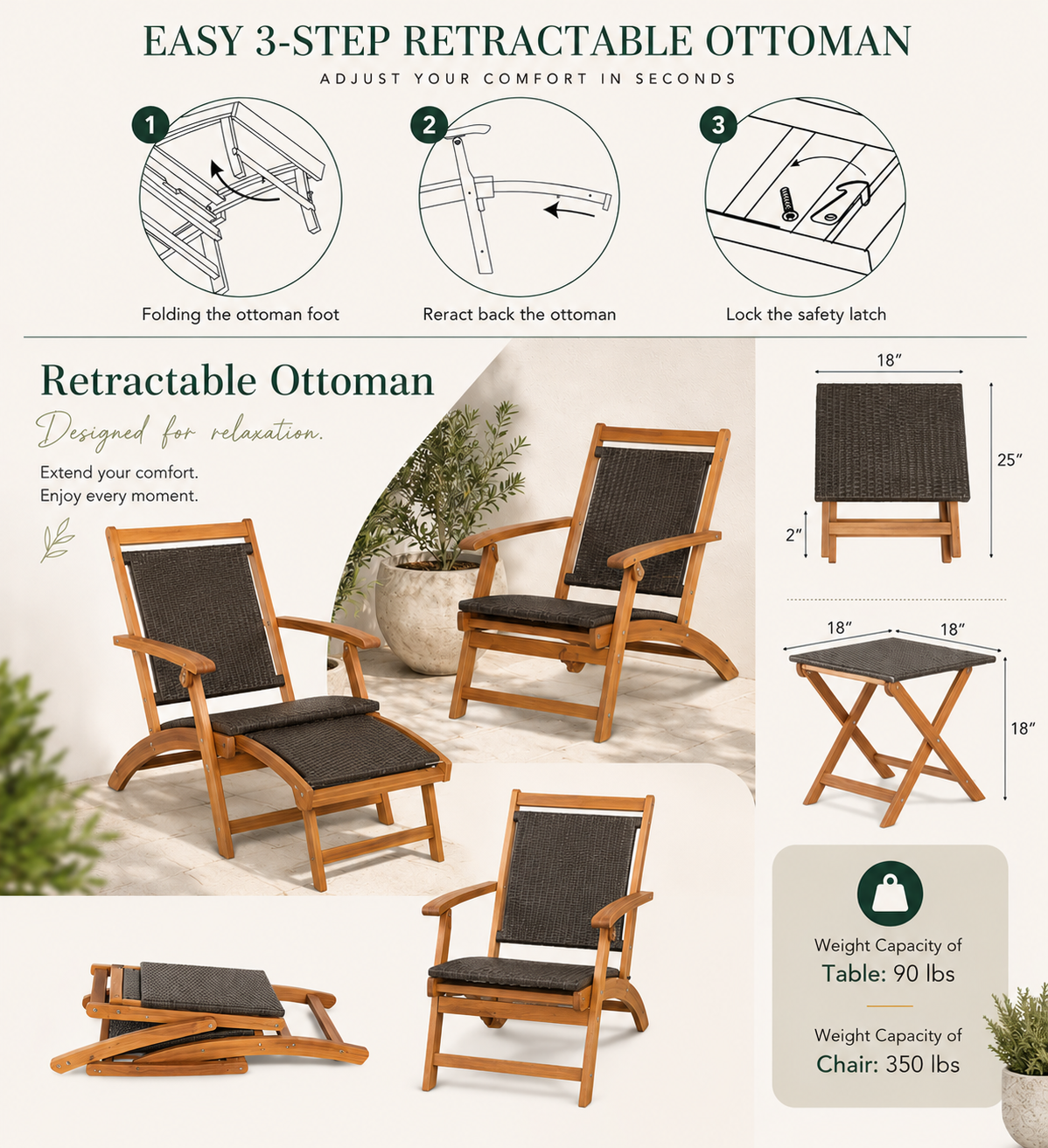 3-piece rattan folding lounge chair set with acacia wood side table on patio