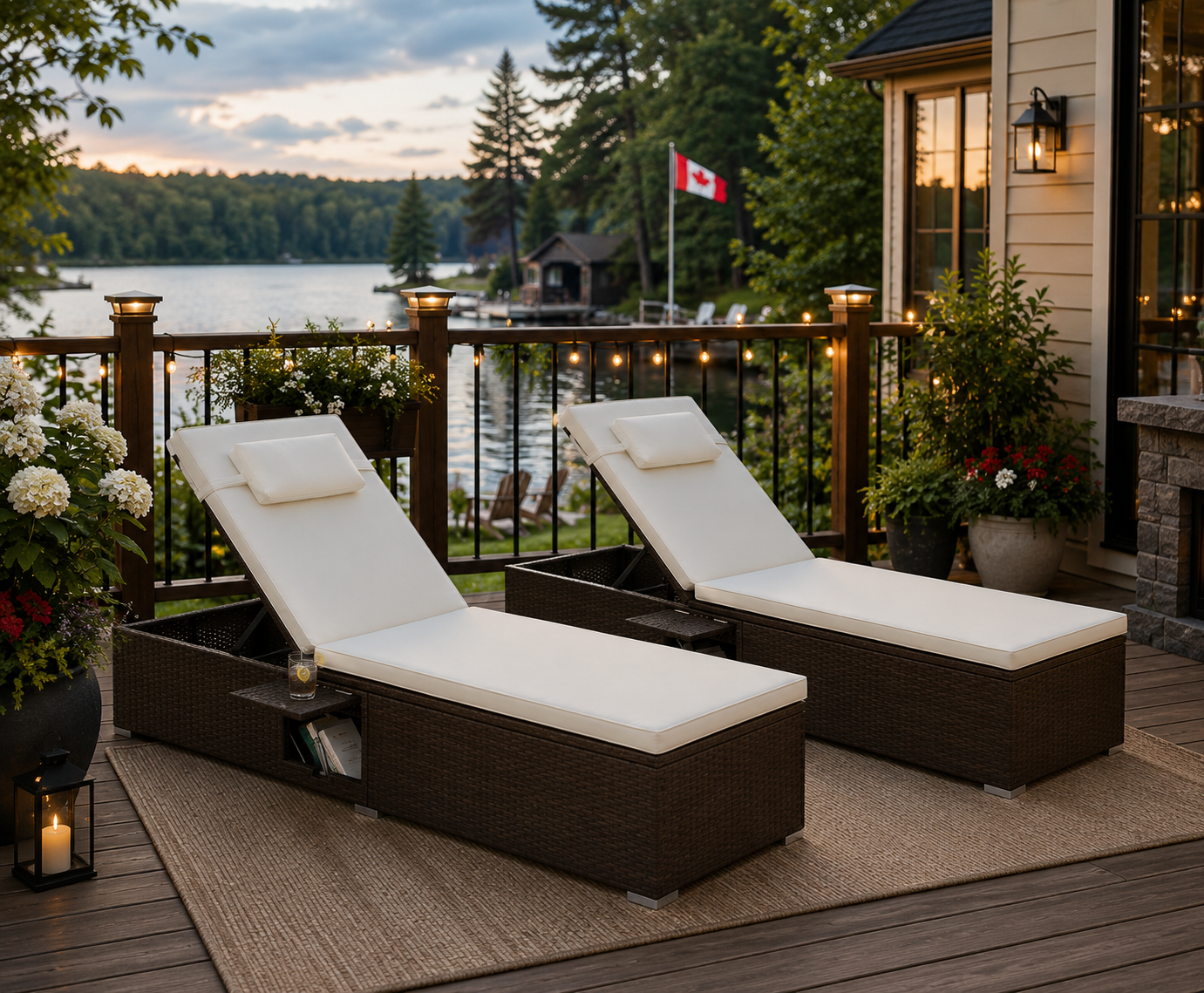 Two outdoor lounge chairs on a deck with a scenic view of a lake and trees.