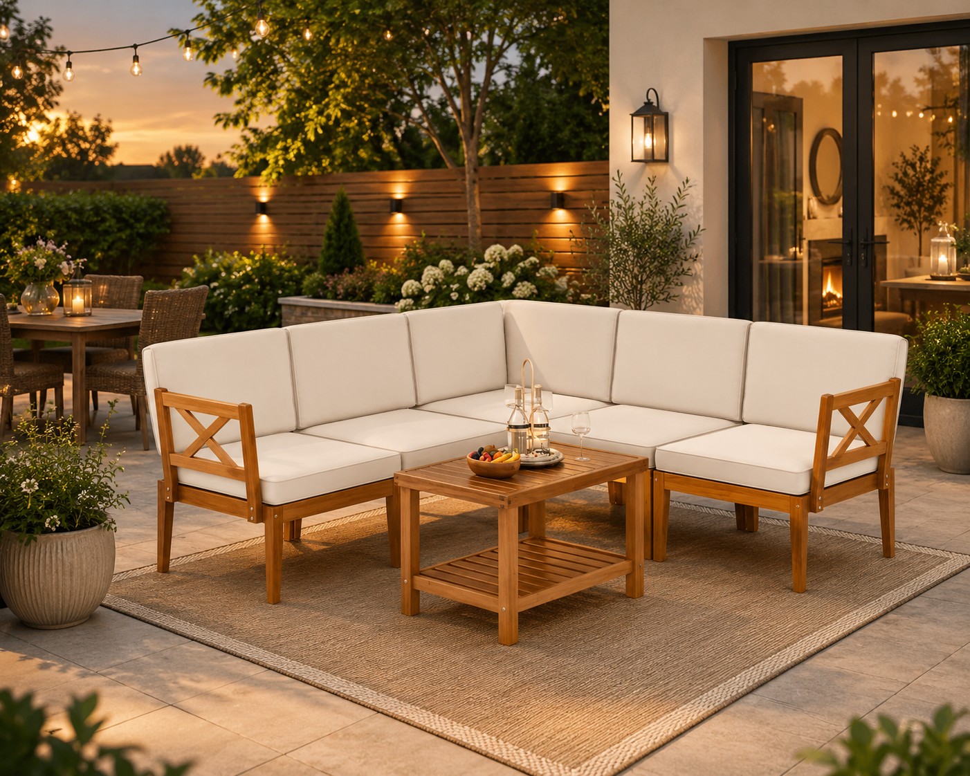 Single acacia wood patio sofa with removable white cushions