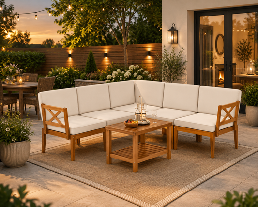Single acacia wood patio sofa with removable white cushions